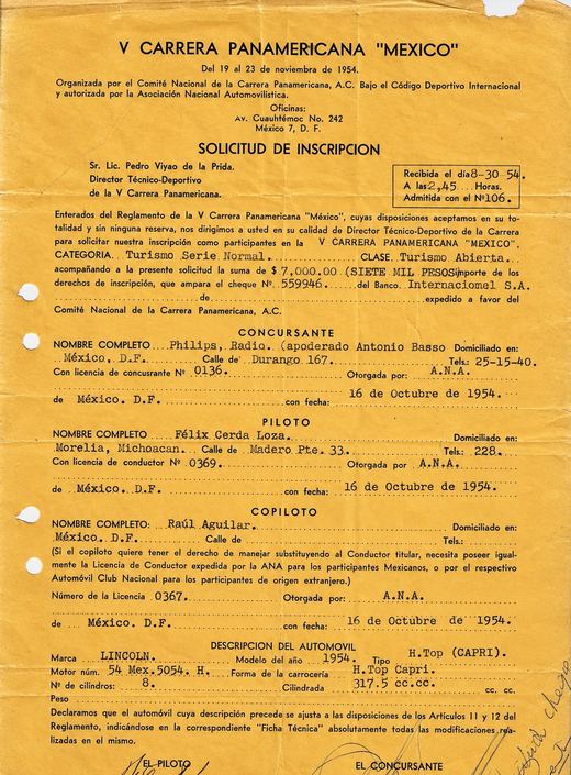 Solicitud de inscripción original de Félix Cerda Loza en la V Carrera Panamericana de 1954